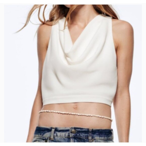 New ZARA Women's White Sleeveless Cowl Neck Cropped Top Blouse Sz S - Picture 5 of 16